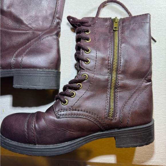 maroon Lace-Up Combat Boots with Side Zipper - Picture 2 of 6